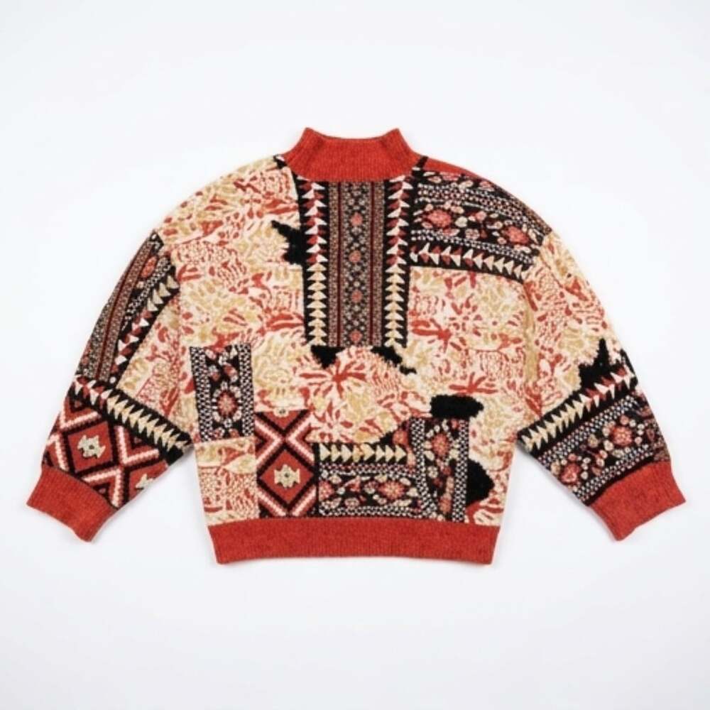 POL Mock Neck Aztec Patchwork Sweater Boho Festival Unique Autumn  Layering M